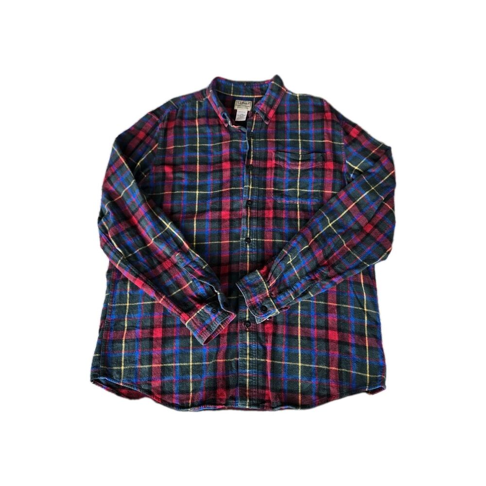 Vintage LL Bean Flannel Mens large Multicolor Plaid Cotton Button Down Shirt Lrg